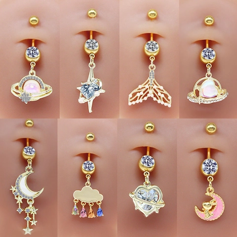 Navel Piercing Ring Copper Zircon Rhinestone Moon Star Planet Heart Dangle Body Jewelry For Women