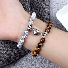 Fashion Natural Stone Beaded Magnetic Heart Couples Distance Bracelets Set For Lovers Friendship Unisex Alloy Beads Strand Bracelet