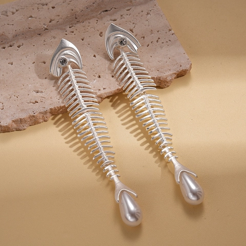 Pendientes Colgantes De Espina De Pescado Con Poste De Plata De Ley 925 Aleación Circón Imitación De Perla Artificial Único