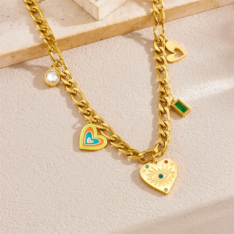 316L Stainless Steel Gold Plated Multi Charm Necklace Women Fashion Enamel Heart Evil Eye Water Drop Square Pendants