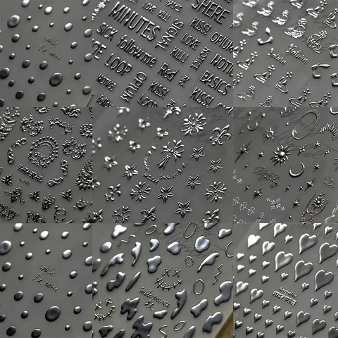 3D Silberne Metallische Nail Art Aufkleber Geprägte Herz Stern Buchstaben Planeten Dekore Selbstklebend Maniküre DIY