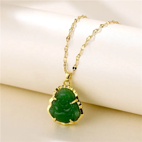 Collar Colgante Buda Sonriente Imitación Jade Verde Acero Inoxidable Joyería Hip Hop Amuleto Espiritual Para Mujer Hombre