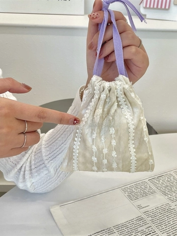 Velvet Drawstring Pouch Lace Trim Ruffle Makeup Jewelry Small Organizer Bag Sweet Style For Women