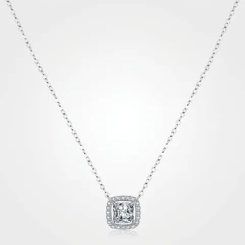 Square Halo Pendant Necklace 925 Sterling Silver Sparkling Cubic Zirconia Simulated Diamond Elegant Jewelry For Women
