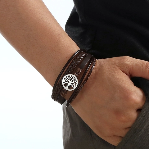 Bracciale In Pelle Multistrato Albero Della Vita Chiusura Magnetica Acciaio Inossidabile Gioielli Vintage Intrecciati Per Uomo Donna