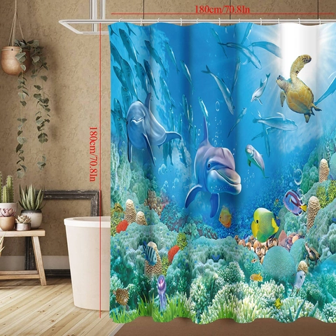 Ocean World Shower Curtain Waterproof Polyester Dolphin Sea Turtle Cartoon Fish Bathroom Decor With Hooks