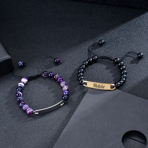 Natural Stone Bead Bracelet Stainless Steel Bar Adjustable Braided Cord Handcrafted Jewelry Men Women