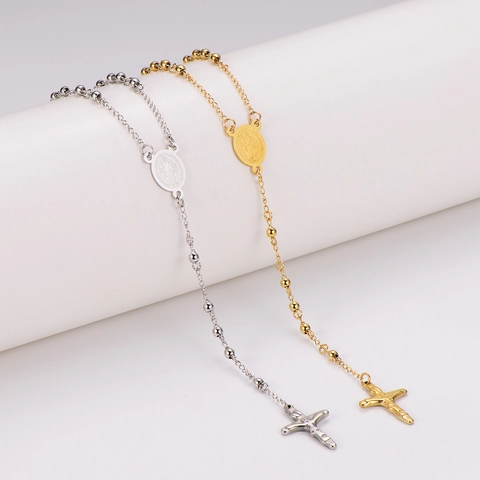 Collar Rosario Acero Inoxidable 304 Religioso Colgante Cruz Crucifijo Medalla Cadena De Cuentas Joyería Católica Para Hombre Mujer