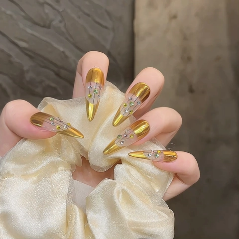 Handmade Luxury Press On Nails Stiletto Gold Mirror Finish With Rhinestones Sparkling Artificial Nails