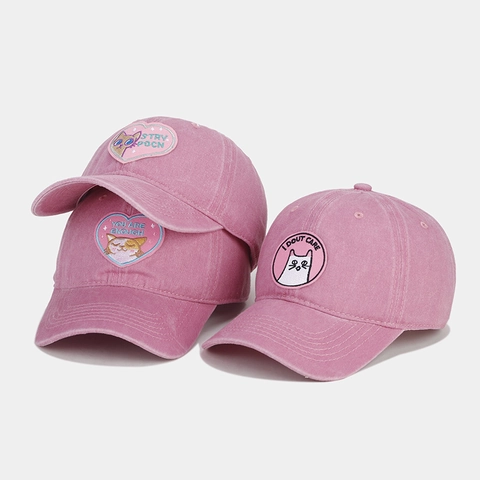 Washed Cotton Baseball Cap Vintage Embroidered Cat Bear Patch Adjustable Sun Hat Korean Style For Men Women