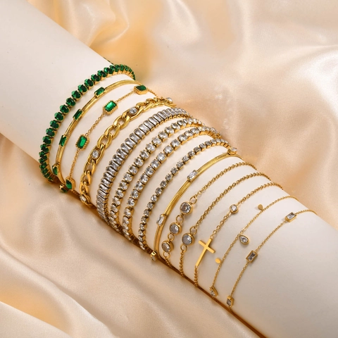 Bracciale In Acciaio Inossidabile Per Donna Con Zircone Smeraldo Croce Placcato Oro Regolabile Catena Di Serpente Gioielli