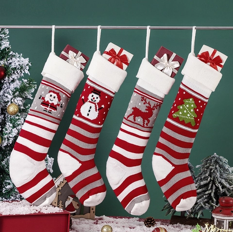 Knitted Christmas Stockings Gift Bags Holiday Hanging Decor Santa Snowman Reindeer Christmas Tree Pattern