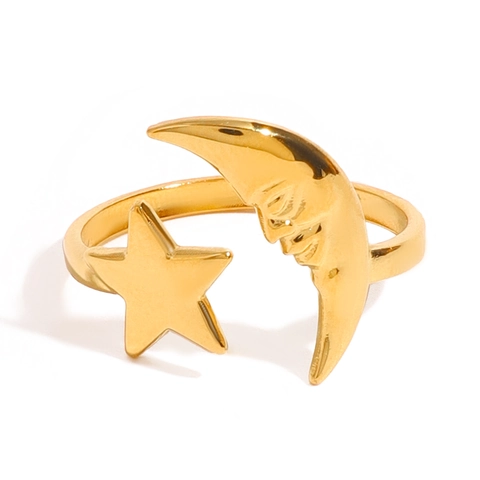 Celestial Star Moon Open Ring 18K Gold Plated Stainless Steel Adjustable Dainty Finger Jewelry For Women