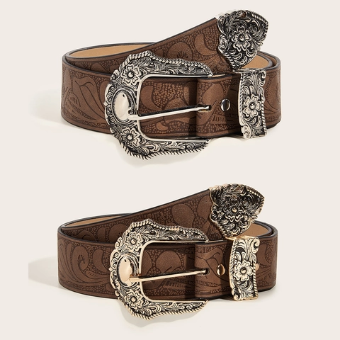 Vintage Western Cowboy Riem Kunstleer Floraal Reliëf Driedelige Gegraveerde Legering Gesp Voor Dames Heren