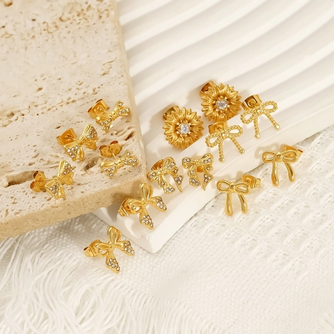 Bowknot Sonnenblume Ohrstecker 18K Vergoldet Edelstahl Mit Zirkon Vielseitig Schicker Wasserdichter Schmuck Für Damen