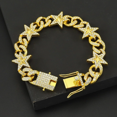 Bracciale Cubano Con Stella Pentagramma Hip Hop Iced Out Lega Full Rhinestone Bling Gioielli Per Uomo Donna