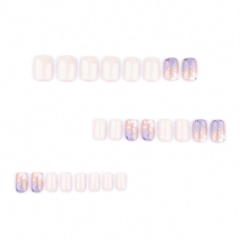 Press On Nails Short Square Purple Floral Gold Foil Design Sweet Fake Nails With Glue Elegant Manicure Art