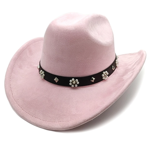 Western Cowboy Hat Suede Felt Vintage Ethnic Jazz Cap With Rivet Artificial Pearl Belt Bohemian Fashion Wide Brim For Women