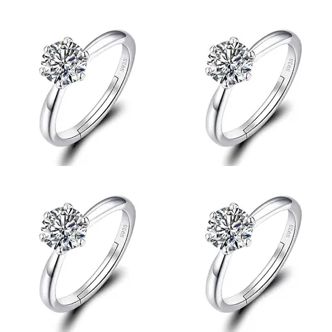 Classic Six-Prong Copper Rhinestone Open Ring For Women Luxury Round Cubic Zirconia Style Engagement Wedding Party Adjustable Finger Ring Gift