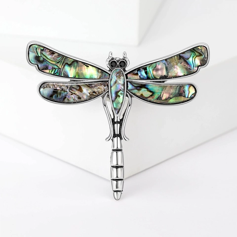 Vintage Abalone Shell Dragonfly Brooch For Women Alloy Rhinestone Colorful Animal Jewelry Pin Fashion Accessory Gift