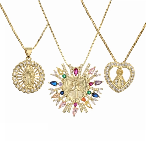 Copper Gold Plated Zirconia Virgin Mary Guadalupe Pendant Necklace Catholic Religious Box Chain Jewelry For Men Women