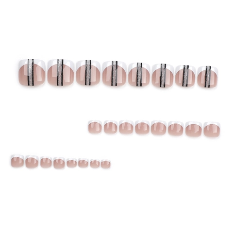 Französische Künstliche Fußnägel In Nudepink Mit Weißen Rändern Und Silbernen Glitzerstreifen Künstliche Nägel Damen