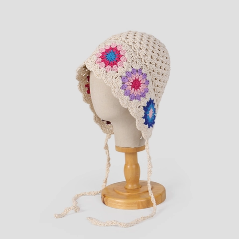 Bonnet Crochet Fait Main Motif Floral Ajouré Rétro Bohème Tricoté Avec Liens Style Vintage Pour Femmes