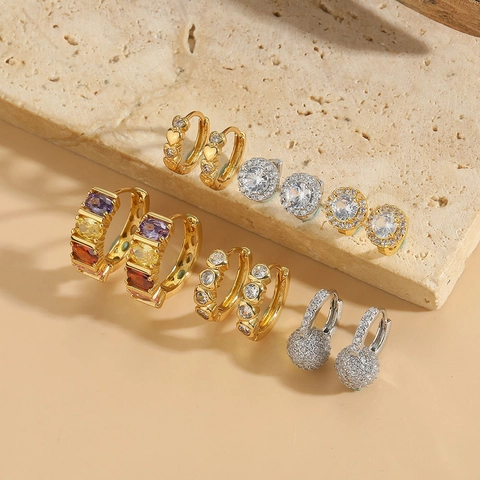 Pendientes de Aro Redondos de Cobre y Circonia Minimalistas Para Mujer Chapados en Oro y Plata Piedra de Color Joyería de Moda