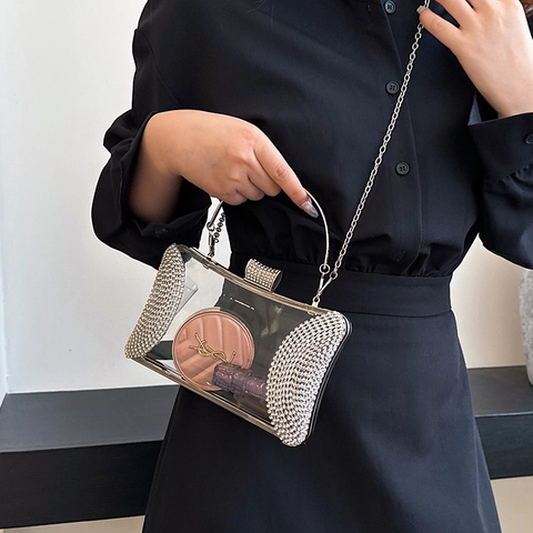 Transparent Acrylic Evening Clutch Bag Rhinestone Luxury Party Shoulder Handbag With Chain Strap For Women Elegant Chic Fashion