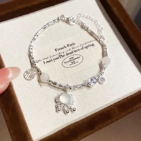 Bracciale In Rame Stile Cinese Vintage Con Ciondolo Fu E Lucchetto Ruyi Perline In Pietra Di Luna Bianca Per Donne Regolabile