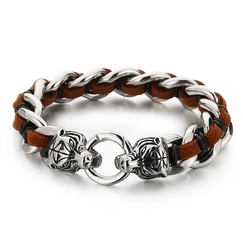 Bracciale Da Uomo Testa Di Tigre Acciaio Inossidabile Pelle Intrecciata Retro Punk Gioielli