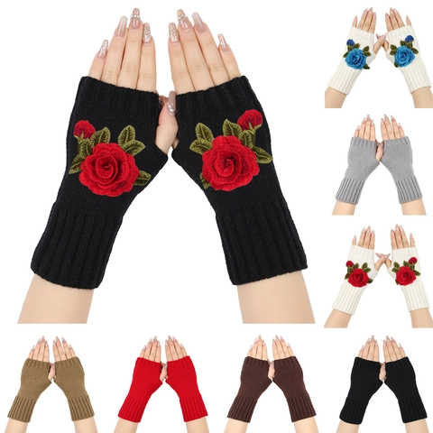 Guantes sin Dedos de Punto de Acrílico para Mujer Color Sólido Acanalados Invierno Cálidos Medios Dedos Mangas de Brazo