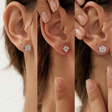 Geometric Cubic Zirconia Stud Earrings Copper Real Gold Plated Classic Round Square Bezel Set Jewelry For Women