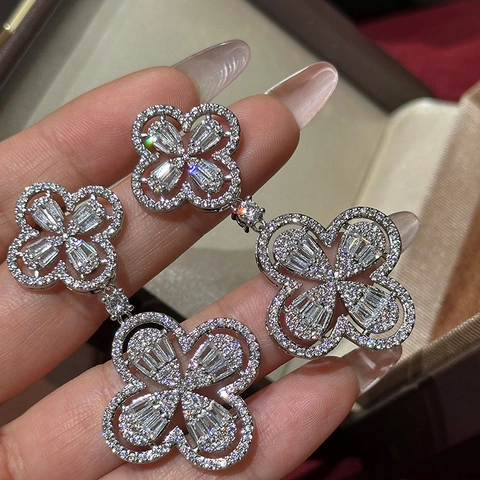 Layered Clover Drop Earrings Luxury Hollow Copper With Cubic Zirconia And Silver Earring Post For Women