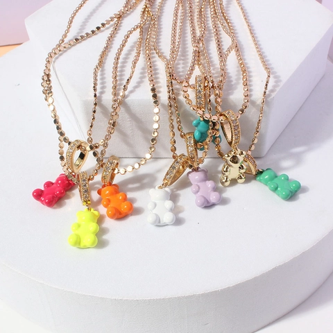 Collana Con Ciondolo A Forma Di Orso Gioielli In Resina Colorata Con Catena A Sfere In Rame E Zirconi