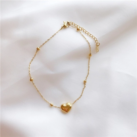 Elegant Titanium Steel Heart Anklet For Women 18K Gold Plated Heart Pendant Bead Foot Chain Adjustable Summer Jewelry
