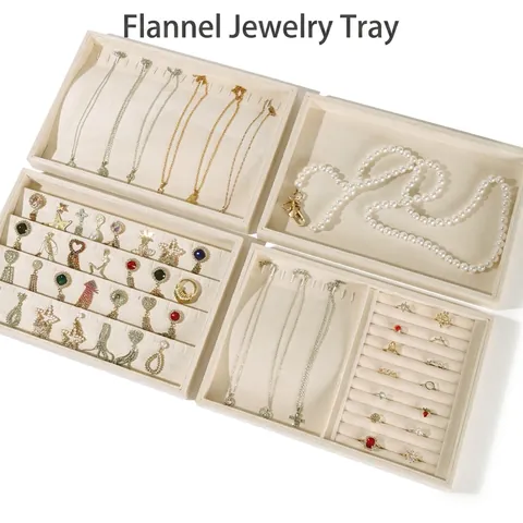 Samt Schmuck Display Tablett Organizer Stapelbar Creme Flanell Lagerung Für Halsketten Ringe Ohrringe Armbänder Zubehör
