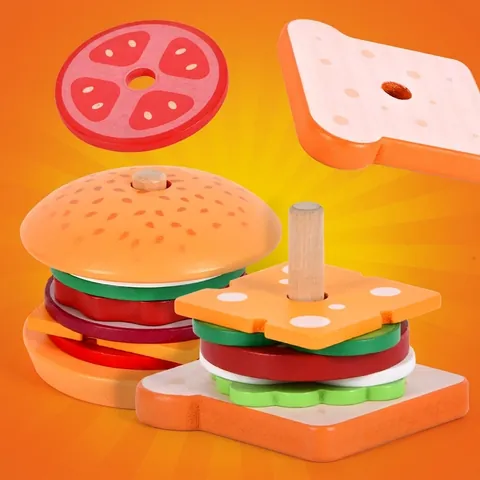 Wooden Simulation Food Toys Hamburger Sandwich French Fries Stacking Play House Kitchen Game Educational Montessori Kids