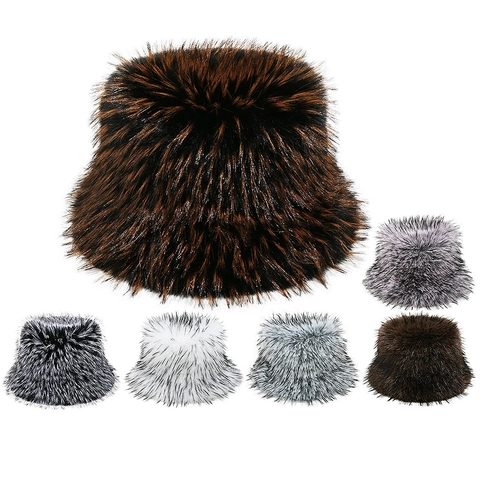 Women Faux Fox Fur Bucket Hat Thick Warm Gradient Plush Winter Fashion Trendy Pot Hat