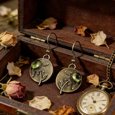 Pendientes Colgantes Con Relieve De Flor De Bronce Antiguo Con Gema De Resina Verde Estilo Étnico Bohemio Para Mujeres