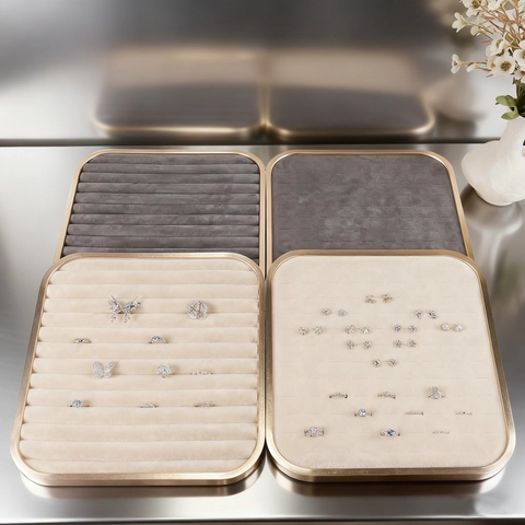 Square Jewelry Display Tray Aluminum Alloy Frame Velvet Lining For Rings Earrings Organizer Storage Elegant Decor
