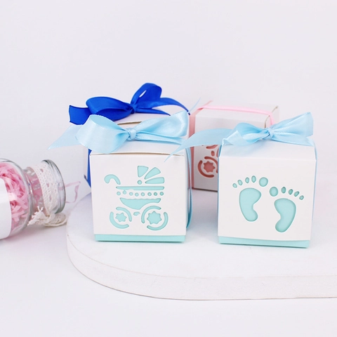 Hohl Babyfußabdruck Kinderwagen Bonbonschachtel Mit Band Europäischer Stil Papier Geschenkboxen Für Babyparty Party