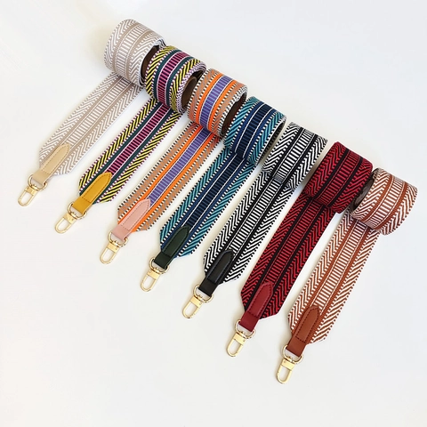 Wide Bag Strap Replacement Woven Polyester Leather Ends Metal Gold Hook Adjustable Geometric Striped Crossbody Handbag