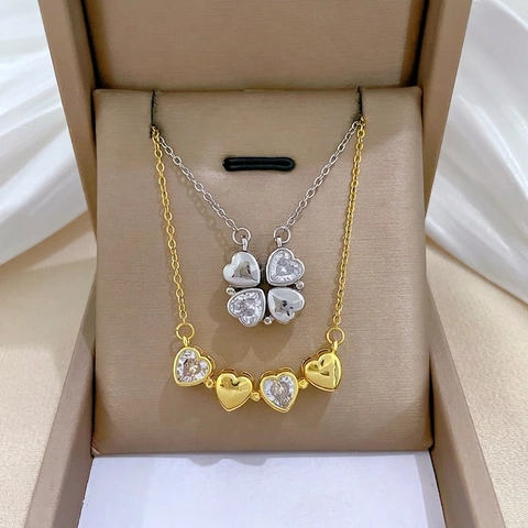 Collar Corazones Trébol Deformación Magnética Acero Inoxydable Cobre Circón Joyas Elegantes Brillantes Para Mujeres
