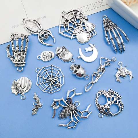 Antiek Zilveren Halloween Legering Hangers Schedel Spin Web Vleermuis Pompoen Heks Charms Voor DIY Sieraden Maken Accessoires