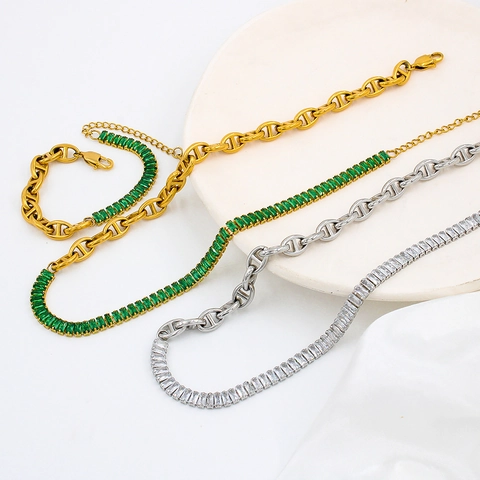 Stainless Steel Pig Nose Chain Jewelry Set Rectangular Zirconia Gold Silver Patchwork Necklace Bracelet For Women Luxury Daily Wear