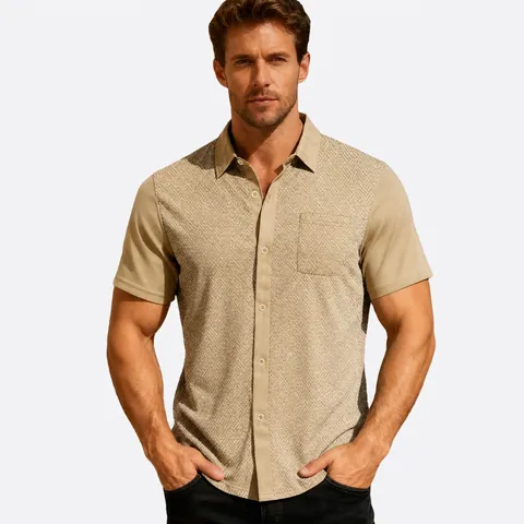 Heren Shirt Korte Mouwen Jacquard Getextureerd Knoopsluiting Revers Casual Zomer Gesplitst Top Met Borstzak Slim Fit