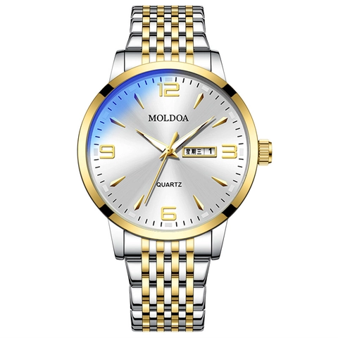 Men Quartz Watch Business Waterproof Luminous Analog Wristwatch Day Date Calendar Stainless Steel Leather Strap