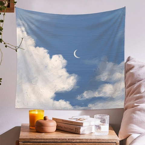 Wandteppich Polyester Ölgemälde Stil Blauer Himmel Weiße Wolken Sichelmond Für Schlafzimmer Wohnzimmer Kunstbehang