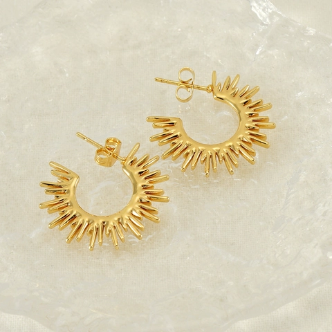 Sunburst Stud Earrings 18K Gold Plated Stainless Steel Radiating Fan Shape Vintage Minimalist Jewelry For Women